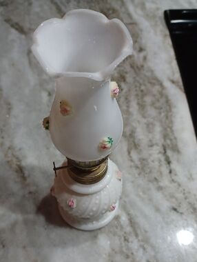 White Milk Glass KEROSENE lantern with Pink Floral Accents